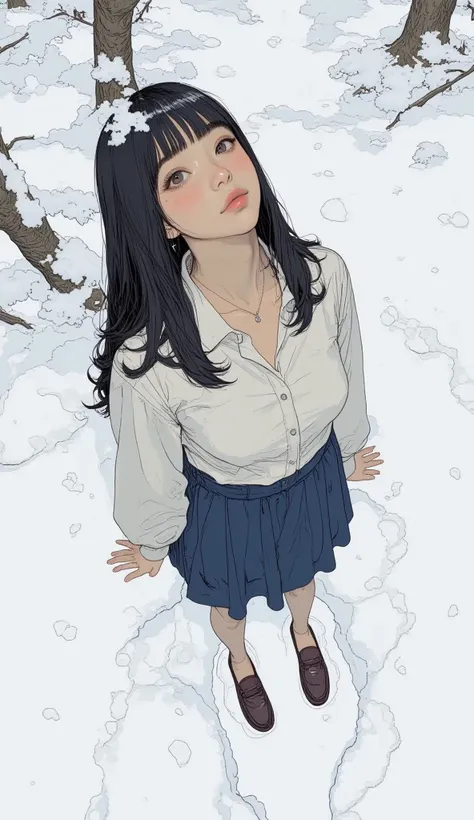 from above、looking at viewer、 Live Action 、Genuine、 upper body、Alone、 Tanned Japanese Girls、 high school girl、 Very dark tanned skin snowy mountain、 beautiful pink lips 、 glossy, Thick lips、  black hair、 big eyes、  Straight Medium Hair 、 The left side of h...