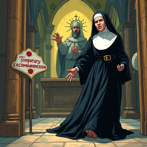 virus-style board game illustration. Nun being expelled from the convent by God.  In the background a sign with cartoon letters "TEMPORARY EXCOMMUNION"