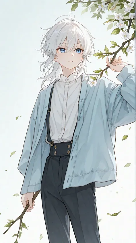 A delicate and serene anime-stnyle male character with short, slightly messy white hair and striking blue eyes. He is wearing a modern stylish outfit, consisting of a white dress shirt with a light blue jacket and dark pants. The background is minimalistic...