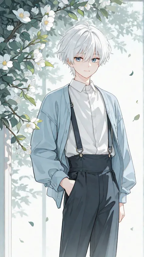 A delicate and serene anime-stnyle male character with short, slightly messy white hair and striking blue eyes. He is wearing a modern stylish outfit, consisting of a white dress shirt with a light blue jacket and dark pants. The background is minimalistic...