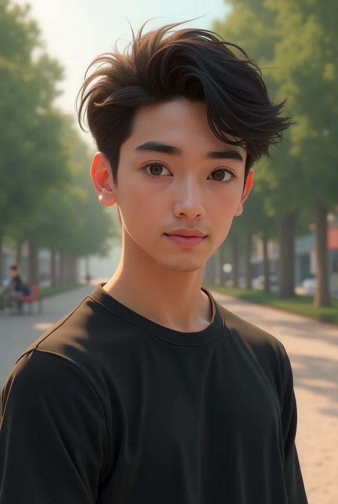 Young 19 year old masculine features face slightly sideways with a slight smile realistic image without exaggeration but colors black t-shirt and a background Basic like a park