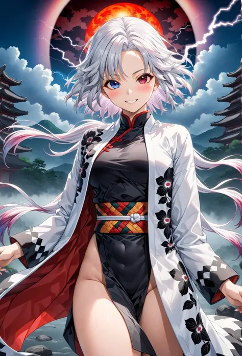 Ultra detailed, highres, absurdres, HDR, master piece, demon slayer, long white hair, expressive red/blue heterochromia eyes, white haori with black orchid patterns, black demon slayer uniform, Kimetsu No Yaiba, fantasy, beautiful, sexy woman, solo, best q...