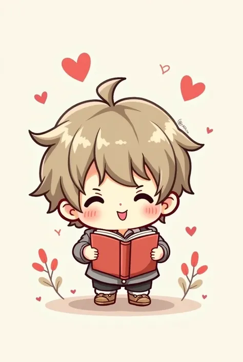 Chibi and easy drawing of a boy with book hair with a red heart