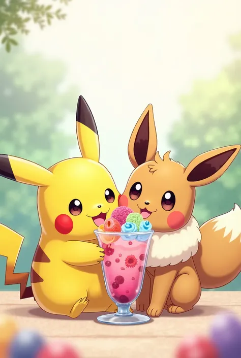 Pikachu and eevee holdinh mixed fruit ice dessert