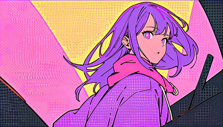 flat color, (masterpiece, Highest quality), 
Looking at the audience, One Girl, alone, 
(violet long hair) and (violet eyes), hoodie, 
run action,
flat illustrations, highly detailed, Dynamic Angle, beautiful detailed, (Highest quality, masterpiece, High r...