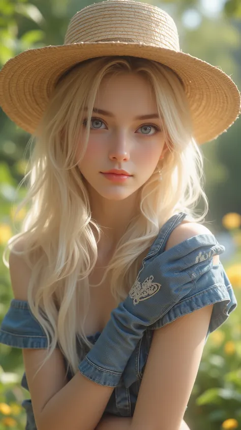  Capture the essence of a woman through a close-up portrait， has charming blue eyes 、 Blonde hair and charming eyes 。She wears denim thongs 、 Straw hat and garden gloves ， shows charm and elegance in a garden oasis 。