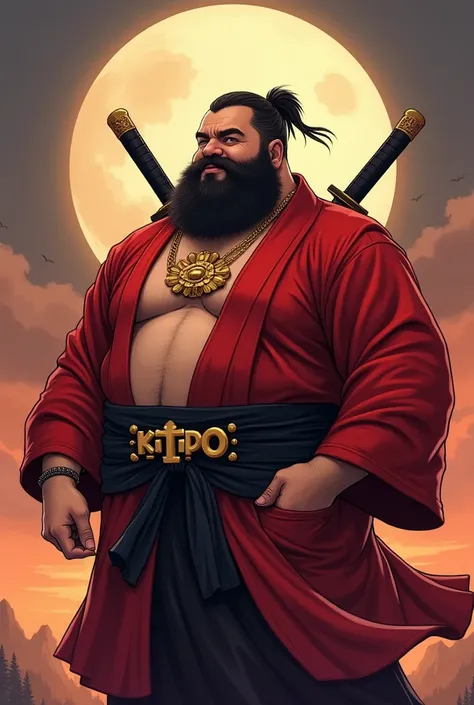  Create an illustration of a man with a sturdy build   , with prominent breasts, remarkable belly   , thick beard,    and poses as if he were scratching his lower back   .   He wears a ninja costume : In red satin , black and gold. ,    with a necklace tha...