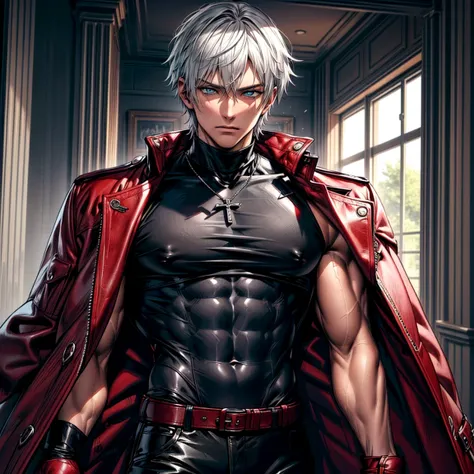 Dante in Devil May Cry　Gray Hair(masterpiece, Highgress, best quallity), a (((taned))) adult man in a ((long dark red leather coat)) with white short hair and   blue eyes, short white hair, (((dark skin))),   blue eyes, (((long dark red leather coat))), bl...