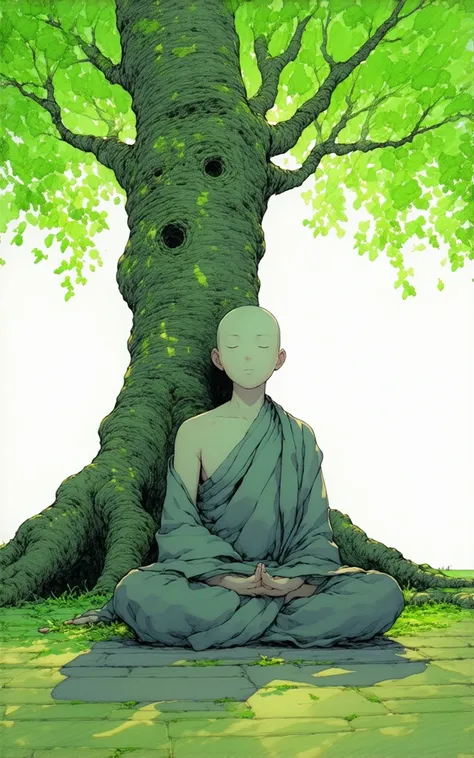 Abstract. Full body shot. Low angle. Drawn by Katsuhiro Otomo. Background is in the park of Central Park in New York, USA. Watercolor of a neutral young monk in zazen meditation with open skinny thighs carved into a large thick bright green linden tree wit...