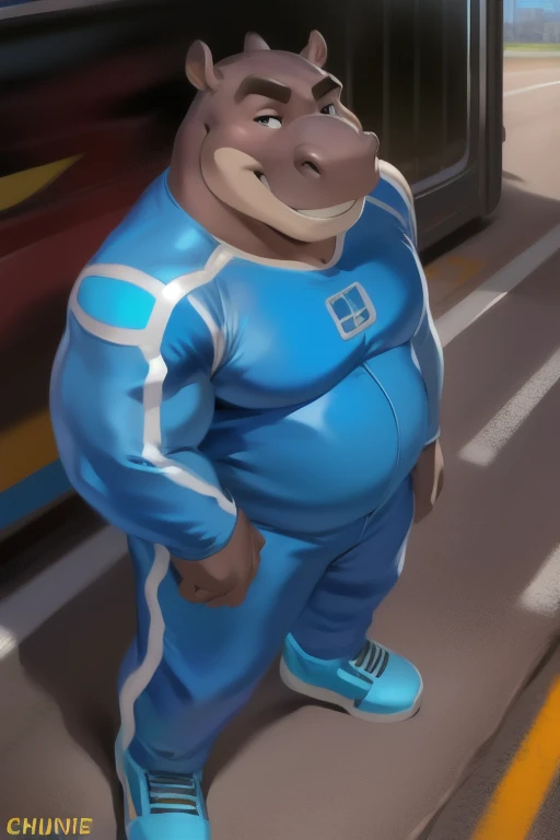  alone, man,  stance, road, hippo,  Blue Military Spacesuit , Overweight ,  Muscle ,  smiley , by chunie 