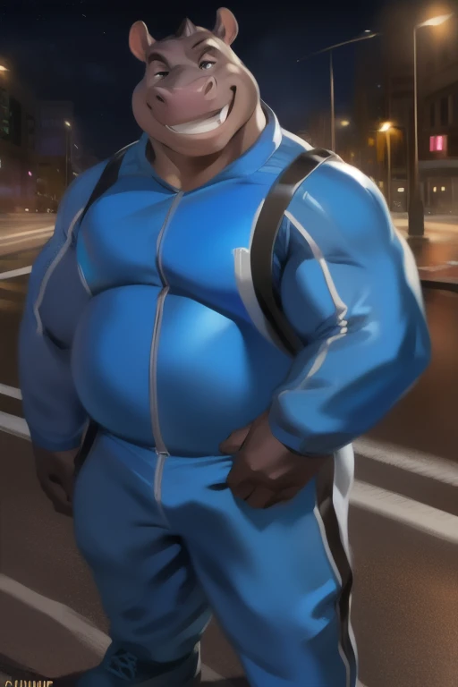  alone, man,  stance, road, hippo,  Blue Military Spacesuit , Overweight ,  Muscle ,  smiley , by chunie 