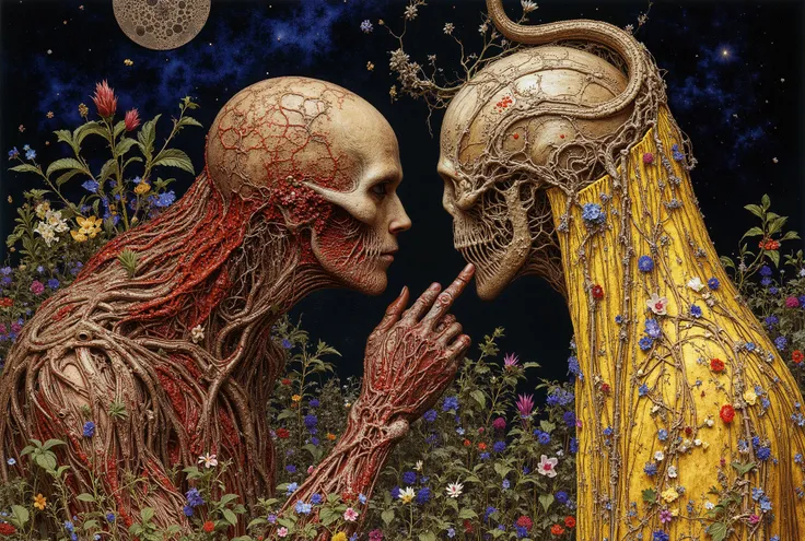 creation of adam,2 human ,((beautiful)),((touched my index finger to his:1.5)),body horror,biomachine,(bloody),moonmoonlight, living being, (vivid color),(colorful),(tangled:1.2),(wearing robe:1.2), H.R Giger style,Gustav Klimt Style,Yoshitaka Amano styl...