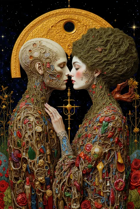 ((kissing couple,beautiful 1 male,beautiful 1 female,androgynous:1.5)),romance,body horror, portrait ,close up,third eye,biomachine,(bloody),moon, living being,plants, (vivid color),(colorful),(tangled:1.2),(wearing robe:1.2), H.R Giger style,Gustav Klimt ...