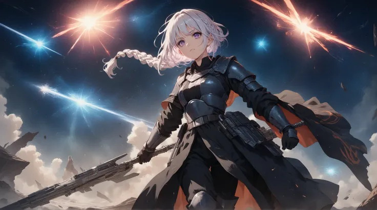 A  anime  girl with long, one long braid white hair and intense violet eyes, dressed in a dark silver and black suit with sharp, angular armor plating. She stands with confidently front pose, gazing into the vast cosmic battlefield filled with shattered pl...