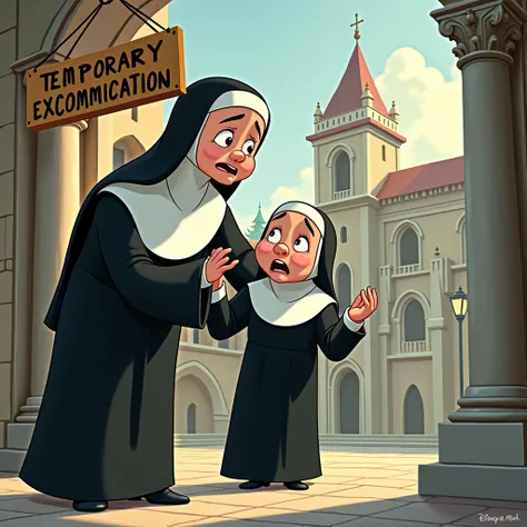 Disney style illustration . Nun being expelled from the convent by God. In the background a sign  "TEMPORARY EXCOMMUNION"