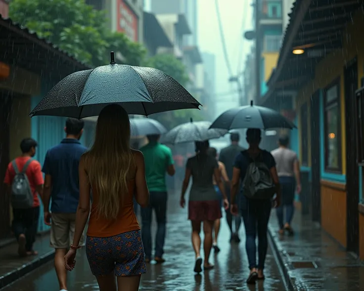 (( best quality)), (( masterpiece)), ( Detailed), rainy brasilian street, caucasian people walking under umbrellas, blonde woman