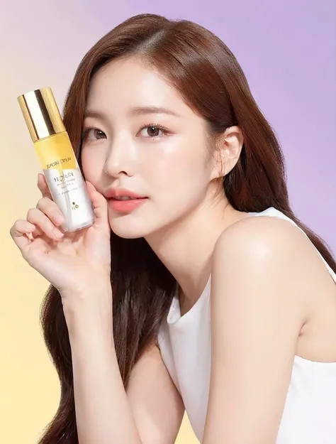  Close-up of a woman holding a bottle of liquid, Li Zhien, Lee Ji-eun, Bae Suzy, from me,  Pintang, Gongbi,  Korean popular makeup  ,  Skincare brand photo ,  Popular Korean cosmetics , Glossy and soft skin, Shin Jung-ho,  Huang Shi-wen , Shin Jinyoung,  m...