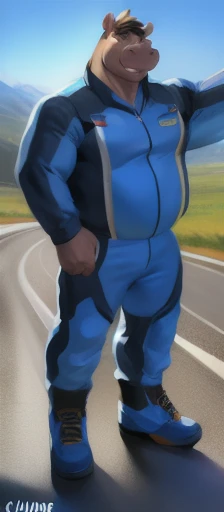  alone, man,  stance, road, hippo,Bruno,  Blue Military Spacesuit , Overweight ,  Muscle ,  smiley , by chunie 