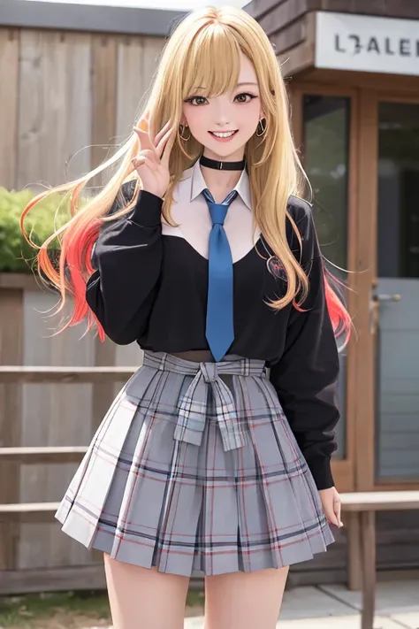 masterpiece, best quality, highres, kitagawa marin, 1girl, blonde hair, long hair, multicolored hair, red eyes, jewelry, earrings, piercing, school uniform, white shirt, tied shirt, black choker, blue necktie, plaid skirt, grin, standing, cowboy shot, outd...