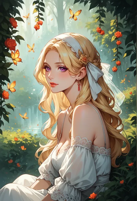 "A young princess with long, wavy platinum-blonde hair cascading down her back, with soft, slightly tousled strands. She has large, violet eyes that shimmer with warmth and curiosity, framed by long, wispy lashes. Her skin is porcelain and glows with a gen...