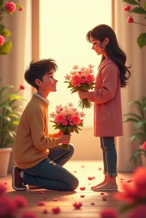 Happy Valentines Day 14-2. Kneeling son gives flowers to girlfriend. age range 10-20 years