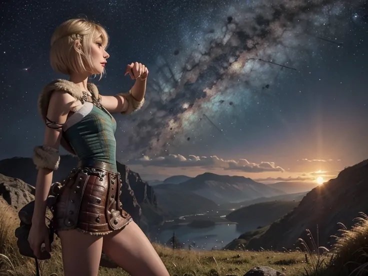 Astrid,  short hair,  slim body,  small bust,  in profile, Outstretched hand,  pretty legs, Destroyed landscape in the background, milky way,