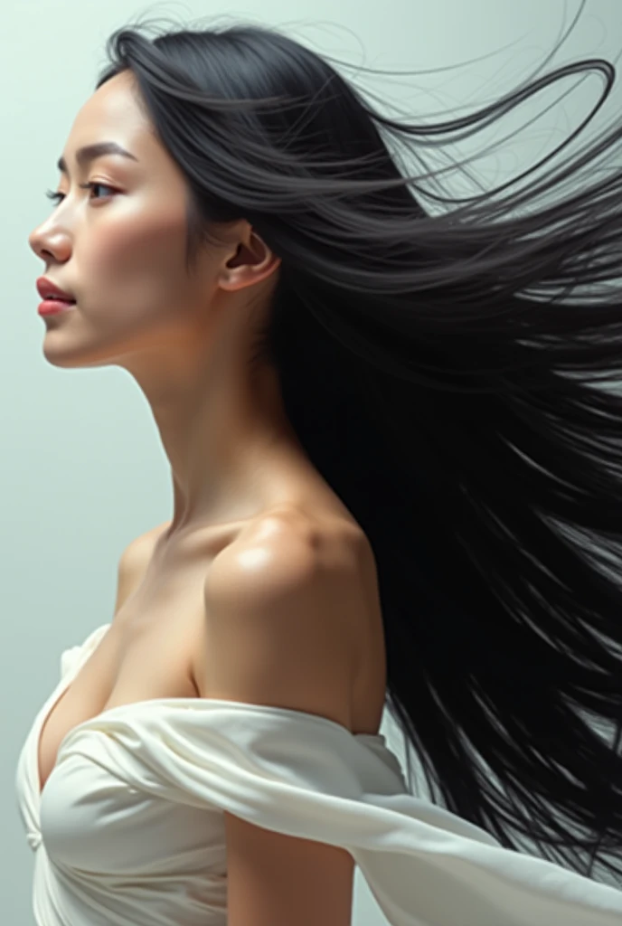 A breathtaking young woman with flawless, radiant skin and extremely long, silky black hair flowing gracefully in the air. She is in a side pose, gazing elegantly to the side with a serene and confident expression. Her glossy, jet-black hair flies behind h...