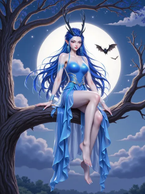 A digital painting of a beautiful,ethereal woman with long blue hair,adorned with antlers,sitting on a tree branch. She wears a shimmering blue dress,her skin is pale,and she has a serene expression. The background features a full moon and a bat flying