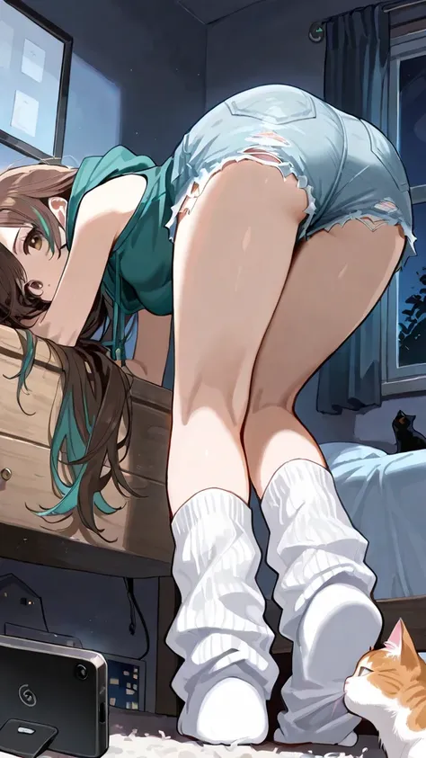  (Masterpiece, best quality), intricate details, JK,, close up, ((bent over, touching toes))., brown eyes, messy hair, very long brown hair with teal highlights, from behind, sleeveless teal hoodie, ripped jean shorts, light blue jean shorts, loose socks, ...