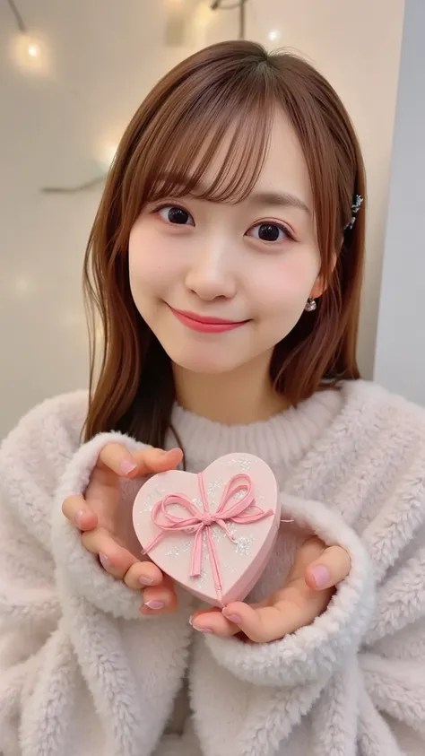 A cheerful young woman with shoulder-length brown hair and a warm smile, wearing a cozy pastel sweater. She is reaching towards the camera, offering a heart-shaped chocolate box with both hands. The background is softly blurred, resembling a cozy room with...