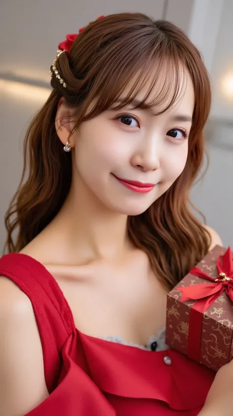 A beautiful young woman with wavy chestnut hair, dressed in an elegant red dress. She gazes directly into the camera with a charming smile, holding a luxury chocolate box wrapped with a golden ribbon towards the viewer. The background is minimalistic with ...