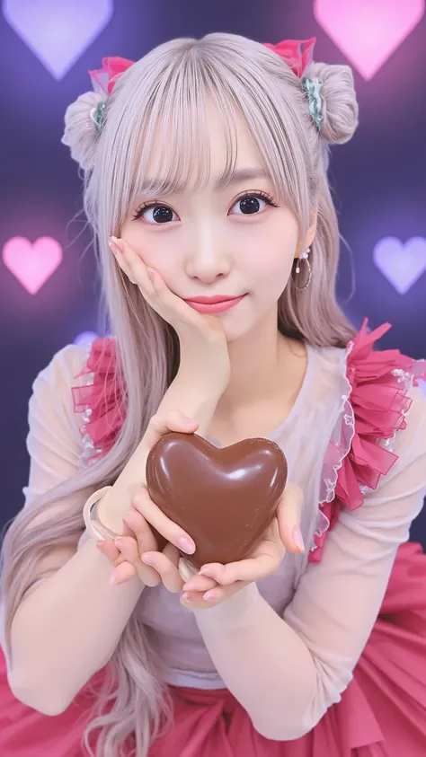 A cheerful anime-style virtual idol girl with sparkling eyes and pastel-colored hair styled in twin buns. She holds a heart-shaped chocolate toward the viewer with both hands, winking playfully. The background is a dreamy digital stage with floating hearts...