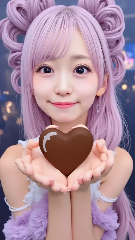 A cheerful anime-style virtual idol girl with sparkling eyes and pastel-colored hair styled in twin buns. She holds a heart-shaped chocolate toward the viewer with both hands, winking playfully. The background is a dreamy digital stage with floating hearts...