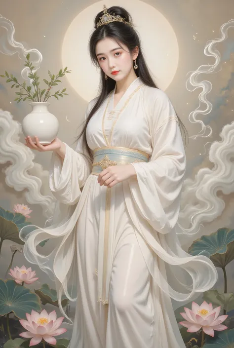 Guanyin Bodhisattva wearing white Hanfu,Wearing a white scarf on her head,She has black hair,The left hand holds a white jar with willow branches and leaves。She stands on a lotus,There are lotuses at her feet and clouds behind her,Detail hands,She looked k...