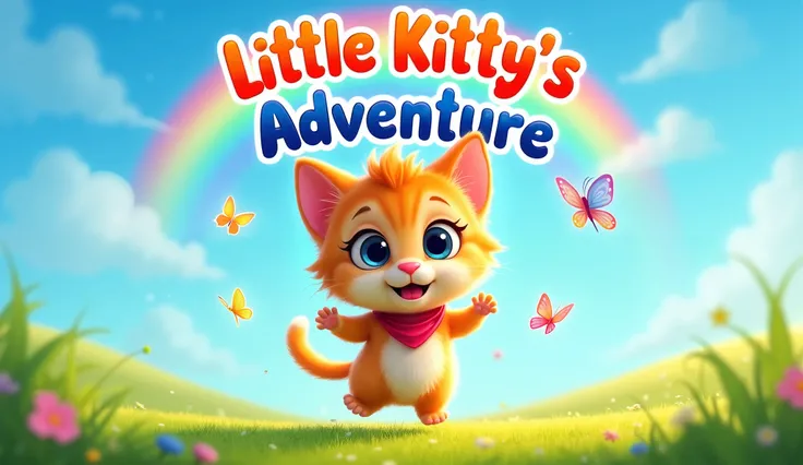 A playful and adorable cartoon kitten with big, sparkling eyes, joyfully jumping in a green meadow under a bright blue sky. The kitten has orange and white fur with a tiny pink nose and wears a red bandana around its neck. Butterflies flutter around, and a...