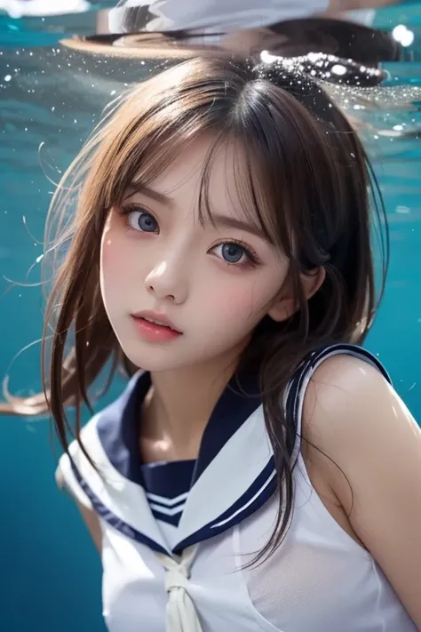 ( see-through:1.3),White sailor suit, sailor dress ,  White Theme , school uniform,  sailor suit ,  stare at viewers,  Madness,  long disheveled hair ,   beautiful eyes in every detail  ,Hair shines,Dramatic angle, blue sailor color ,  Plump Boobs , ogipot...