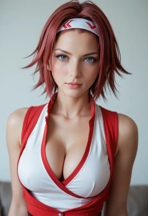 kallen_stadtfeld, 1girl, solo, breasts, headband, large_breasts, blue_eyes, red_hair, blush, cleavage, short_hair, sleeveless, open_clothes, bare_shoulders, looking_at_viewer