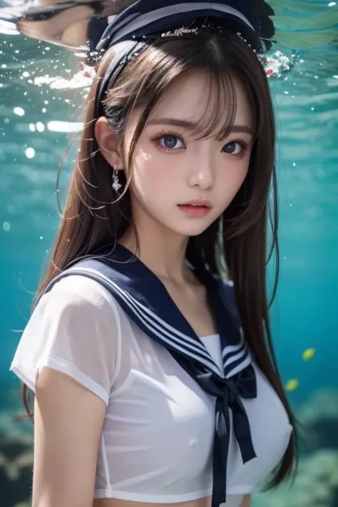 ( see-through:1.3),White sailor suit, sailor dress ,  White Theme , school uniform,  sailor suit ,  stare at viewers,  Madness,  long disheveled hair ,   beautiful eyes in every detail  ,Hair shines,Dramatic angle, blue sailor color ,  Plump Boobs , ogipot...