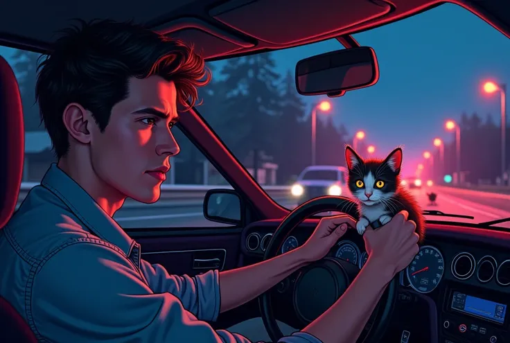 A young man driving, Take it from inside the car, And in front of the car on the road a scared kitten, How are you going to run him over, more intense colors, cartoon style with lighting 