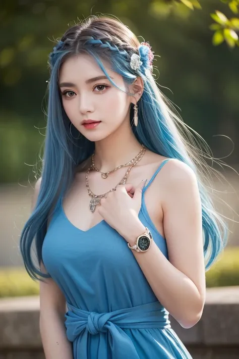  top quality , skilled,  Hair Detail ,  high resolution, (((itch))) , necklace,  hair accessories, ( beautiful faces),  blue dress,  Watch Viewers ,  Blue Hair,  is standing, （Above the waist），Medusa