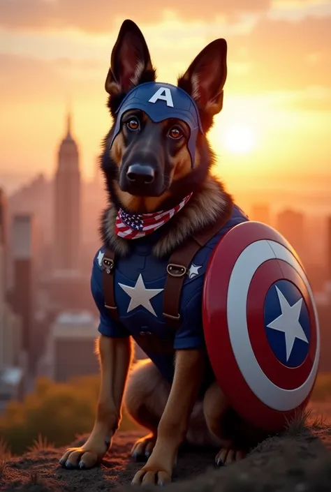 A peaceful sunrise over the city. Captain Pawmerica(A German Shepherd, Muscular, athletic build with a glossy black and tan coat. Wears a custom-made Captain America-inspired suit: a star-spangled chest plate, a blue helmet with white "A" insignia, and a r...