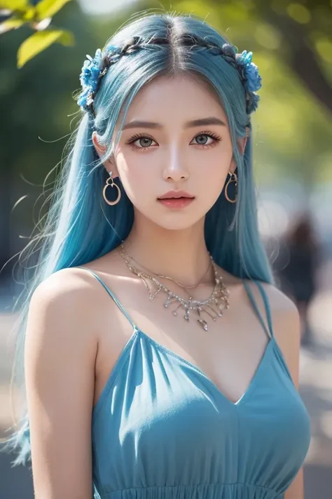  top quality , skilled,  Hair Detail ,  high resolution, (((itch))) , necklace,  hair accessories, ( beautiful faces),  blue dress,  Watch Viewers ,  Blue Hair,  is standing, （Above the waist），Medusa