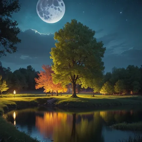      night   pond:1.5, (   masterpiece),(  top quality :1.0), (   ultra high resolution:1.0),     detailed illustration   ,    detailed landscape  ,   lively colors, 8k,      night  ,  moon cloud   , ((    magic  ,    beautiful, tree々:1.4 )), ((   top qual...