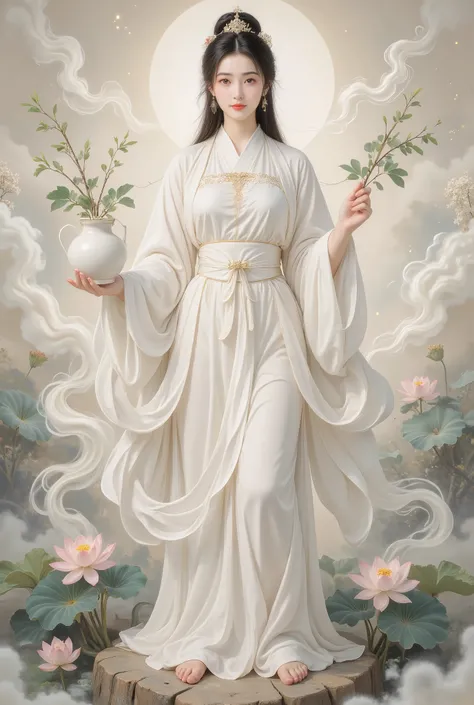 Front view,Guanyin Bodhisattva wearing white Hanfu,Wearing a white scarf on her head，She has black hair，The left hand holds a white jar with willow branches and leaves。She stands on a lotus,There are lotuses at her feet and clouds behind her，Detail hands，S...