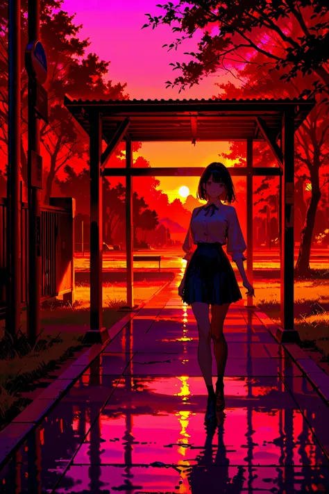 A female student standing at a deserted bus stop in the countryside、Look at me and smile、Scenery of Showa、sunset、masterpiece, best quality, high quality, detailed, ultra detailed, hyper detailed, insanely detailed, exquisite, beautiful, Full-HD, 4K, 8k, 16...