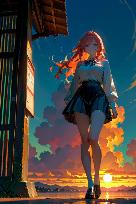 A female student standing at a deserted bus stop in the countryside、Look at me and smile、Scenery of Showa、sunset、masterpiece, best quality, high quality, detailed, ultra detailed, hyper detailed, insanely detailed, exquisite, beautiful, Full-HD, 4K, 8k, 16...