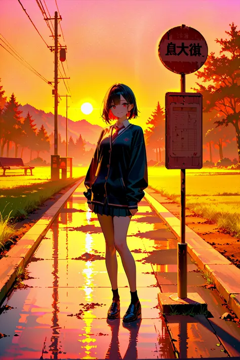 A female student standing at a deserted bus stop in the countryside、Look at me and smile、Scenery of Showa、sunset、masterpiece, best quality, high quality, detailed, ultra detailed, hyper detailed, insanely detailed, exquisite, beautiful, Full-HD, 4K, 8k, 16...