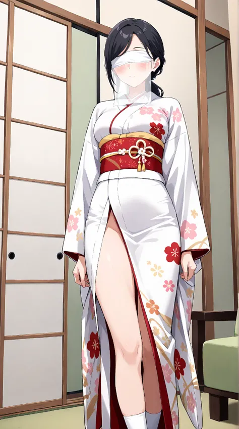 score_9,score_8_up,score_7_up, Anime-style character, source_anime, beautiful color amazing quality, 1girl, solo, lonely, 30-year-old, Pretty Face, cute, beautiful, smooths skin, mature woman, (white kimono, print kimono, floral print, red obi, furisode, w...