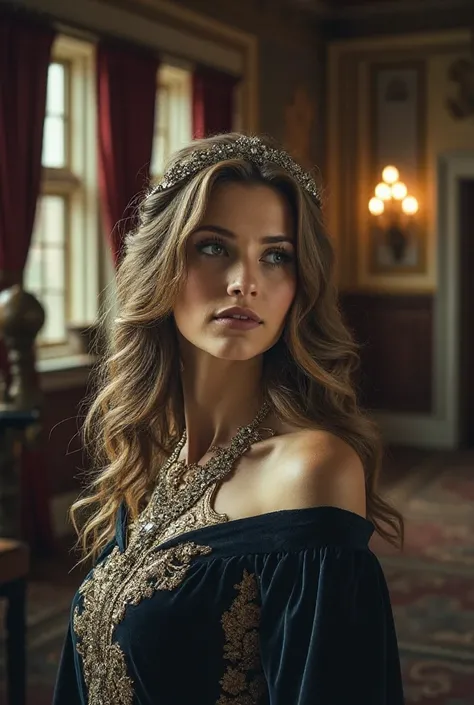 his is a classic, vintage-style portrait of a mysterious and elegant princess. She wears an opulent dark velvet gown adorned with intricate golden embroidery. Her long, wavy hair is styled in an elaborate updo, crowned with a delicate, jewel-encrusted tiar...