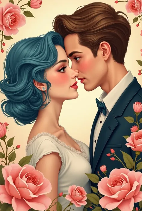  create a vintage Valentine's Day poster 
with a girl with blue hair,with eyelash extensions , brown eyes and a guy with brown hair , gray-blue eyes with cheekbones 